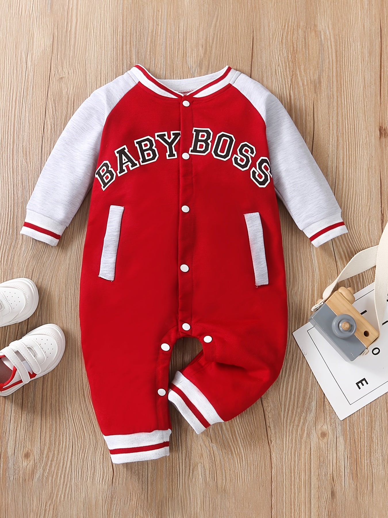 Baby Boys Cute Thermal Romper With "BABYBOSS" Print For Winter Party, Red