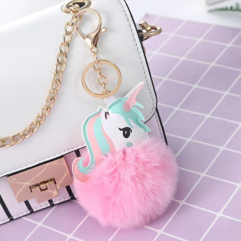 Pu Colorful Unicorn Fur Ball Keychain Bag Pendant Cute Women Girls Accessories Gift