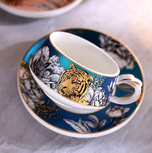 Creative Ceramic Tea Cups and Saucers, Jungle Tiger Cheetah Porcelain Coffee Cups, Unique Ceramic Cups with Gold Trim and Gift Box