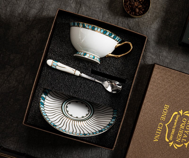 Unique Tea Cup and Saucer in Gift Box, Elegant British Ceramic Coffee Cups, Bone China Porcelain Tea Cup Set for Office, Green Ceramic Cups