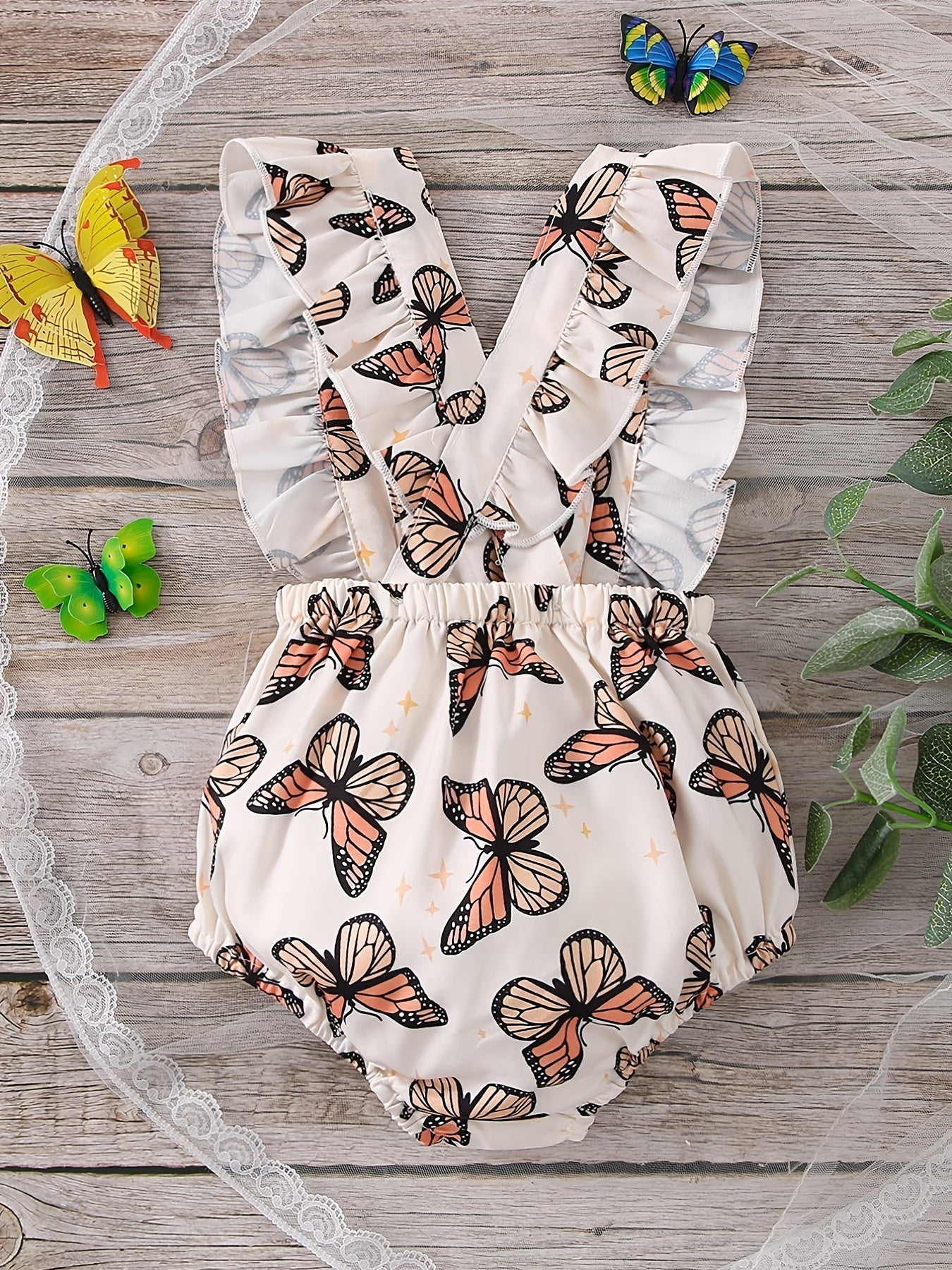 Baby Girls Butterfly Print Ruffle Trim Onesies Romper