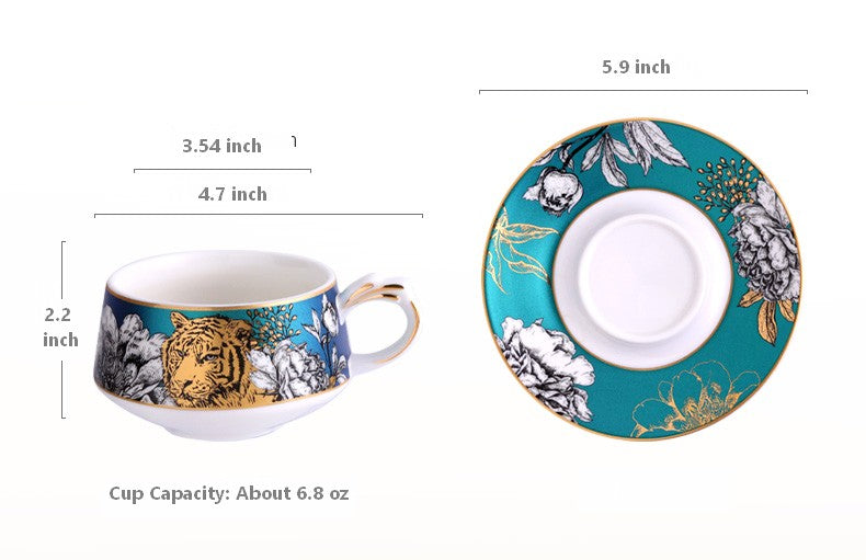 Creative Ceramic Tea Cups and Saucers, Jungle Tiger Cheetah Porcelain Coffee Cups, Unique Ceramic Cups with Gold Trim and Gift Box