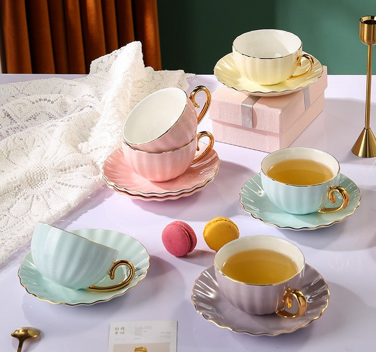 Elegant Macaroon Ceramic Coffee Cups, Beautiful British Tea Cups, Creative Bone China Porcelain Tea Cup Set, Unique Tea Cups and Saucers in Gift Box as Birthday Gift