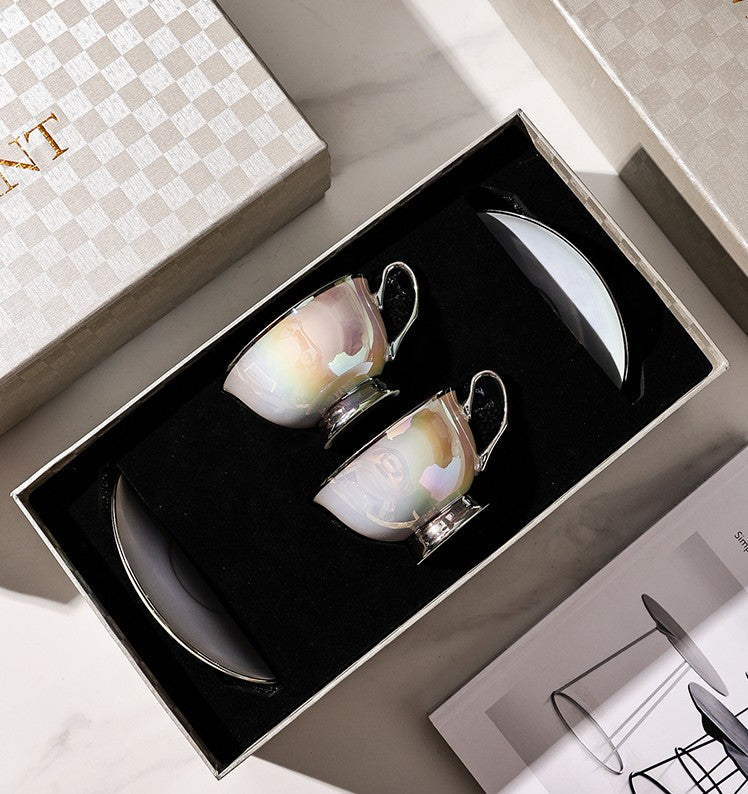 Silver Bone China Porcelain Tea Cup Set, Elegant Ceramic Coffee Cups, Beautiful British Tea Cups, Tea Cups and Saucers in Gift Box as Birthday Gift