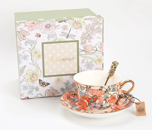 Elegant Ceramic Coffee Cups, Flower Bone China Porcelain Tea Cup Set, British Royal Ceramic Cups for Afternoon Tea, Unique Tea Cup and Saucer in Gift Box