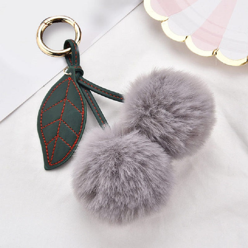 1pc Cute Fluffy Artificial Rabbit Fur Ball Pompom Leaf Keychain