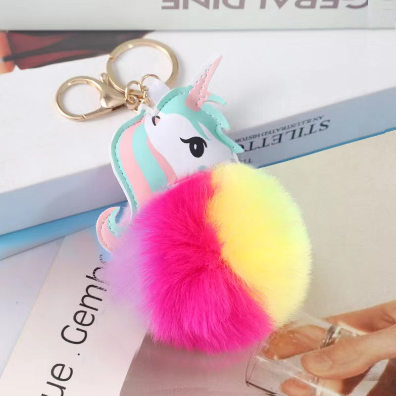 Pu Colorful Unicorn Fur Ball Keychain Bag Pendant Cute Women Girls Accessories Gift