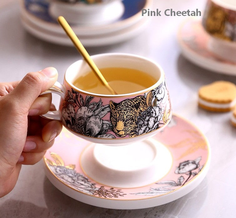 Creative Ceramic Tea Cups and Saucers, Jungle Tiger Cheetah Porcelain Coffee Cups, Unique Ceramic Cups with Gold Trim and Gift Box