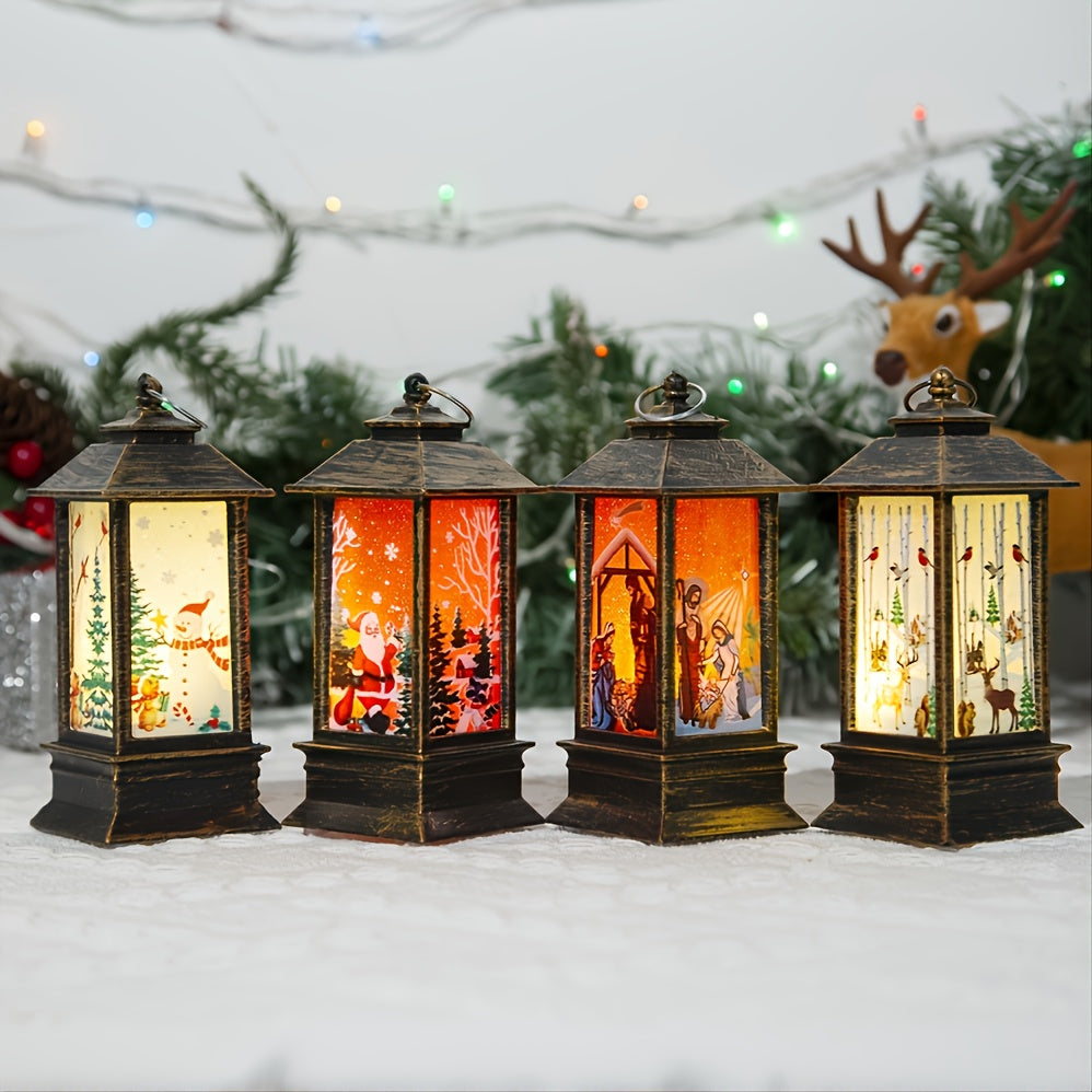 Electric Christmas lantern - hanging antique oil lantern, Father Christmas, snowman reindeer, batteries not included