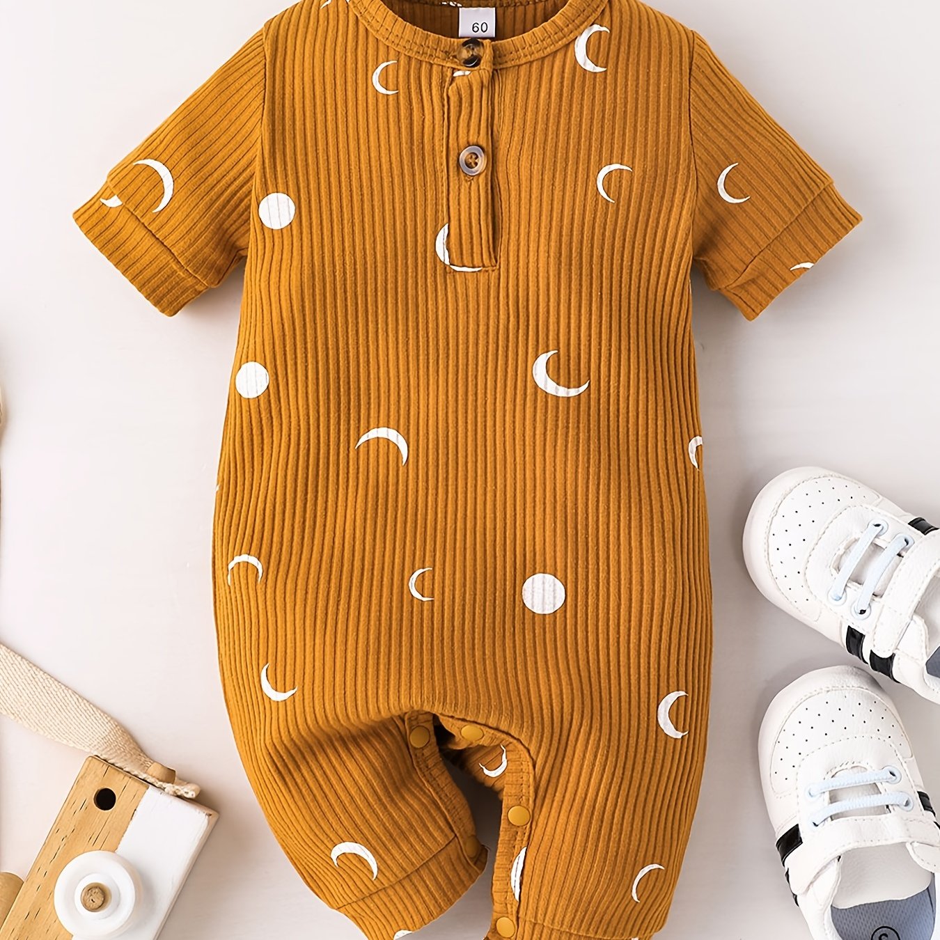 Unisex Baby Short Sleeve Ribbed Romper, Moon Print Bodysuit Onesie, Baby Clothes Baby Layette Sets