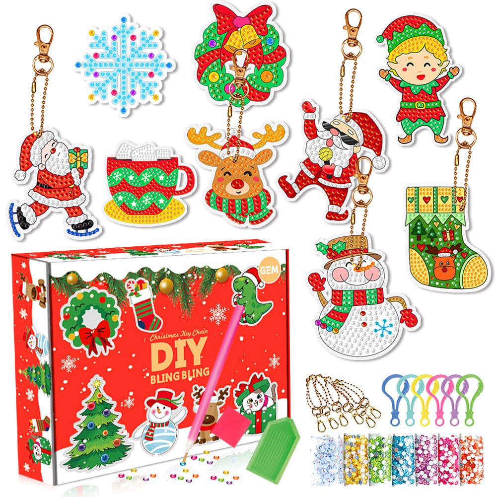 9pcs DIY Christmas Box Acrylic Diamond Painting Keychain Kits ktclubs.com