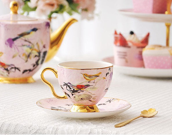 Elegant Pink Ceramic Coffee Cups, Unique Bird Flower Tea Cups and Saucers in Gift Box as Birthday Gift, Beautiful British Tea Cups, Royal Bone China Porcelain Tea Cup Set