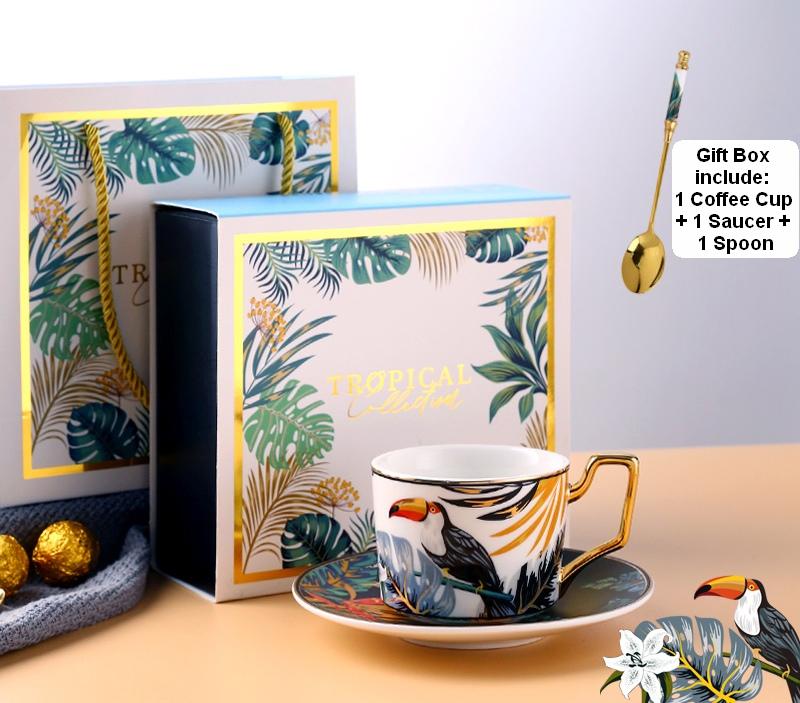 Elegant Porcelain Coffee Cups, Coffee Cups with Gold Trim and Gift Box, Tea Cups and Saucers, Jungle Animal Porcelain Coffee Cups