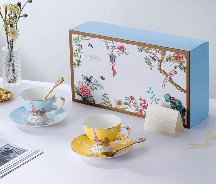 Elegant Oriental Pheasant Ceramic Cups, Beautiful Bird Pattern Tea Cups, Creative Bone China Porcelain Tea Cup Set, Unique Tea Cups and Saucers in Gift Box