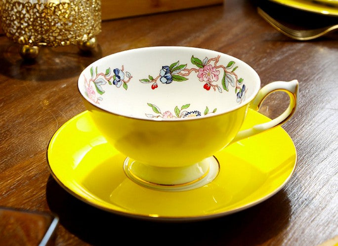 Elegant Yellow Ceramic Cups, Unique Royal Coffee Cup and Saucer, Beautiful British Tea Cups, Creative Bone China Porcelain Tea Cup Set
