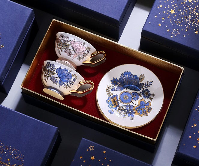 Unique Iris Flower Tea Cups and Saucers in Gift Box, Elegant Ceramic Coffee Cups, Afternoon British Tea Cups, Royal Bone China Porcelain Tea Cup Set