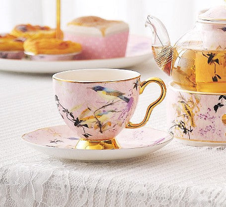 Elegant Pink Ceramic Coffee Cups, Unique Bird Flower Tea Cups and Saucers in Gift Box as Birthday Gift, Beautiful British Tea Cups, Royal Bone China Porcelain Tea Cup Set