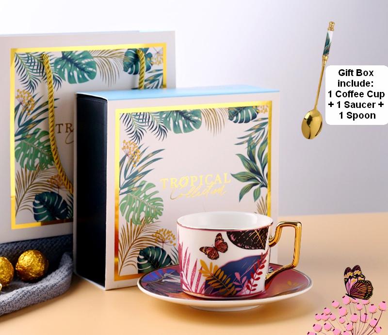 Elegant Tea Cups and Saucers, Jungle Toucan Pattern Porcelain Coffee Cups, Coffee Cups with Gold Trim and Gift Box