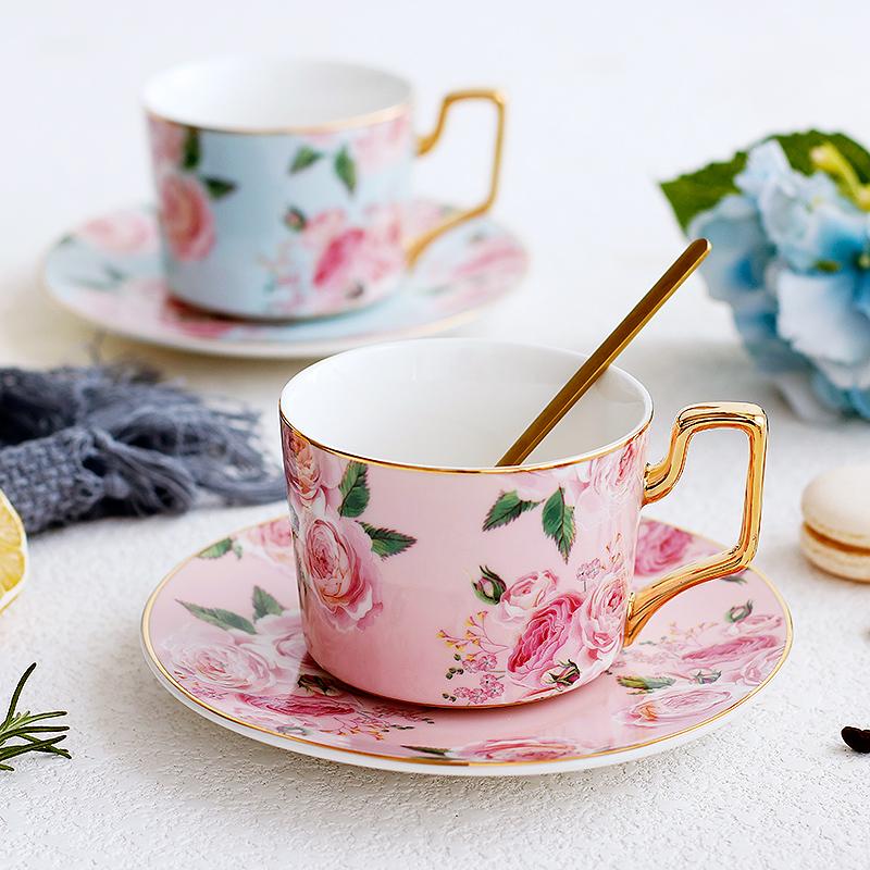 Blue Coffee Cups with Gold Trim and Gift Box, British Tea Cups, Porcelain Coffee Cups, Rose Flower Tea Cups and Saucers, Latte Coffee Cups