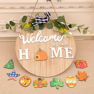 Bow DIY interchangeable pattern wooden welcome door sign Christmas Halloween HOME door hanging wreath ktclubs.com