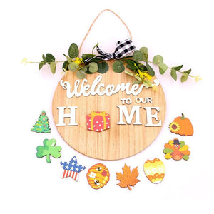 Bow DIY interchangeable pattern wooden welcome door sign Christmas Halloween HOME door hanging wreath ktclubs.com