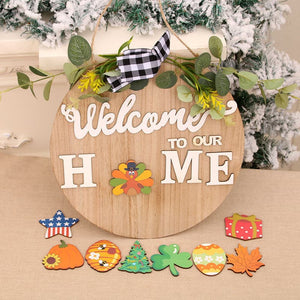 Bow DIY interchangeable pattern wooden welcome door sign Christmas Halloween HOME door hanging wreath ktclubs.com