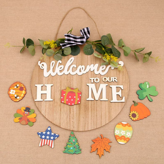Bow DIY interchangeable pattern wooden welcome door sign Christmas Halloween HOME door hanging wreath ktclubs.com