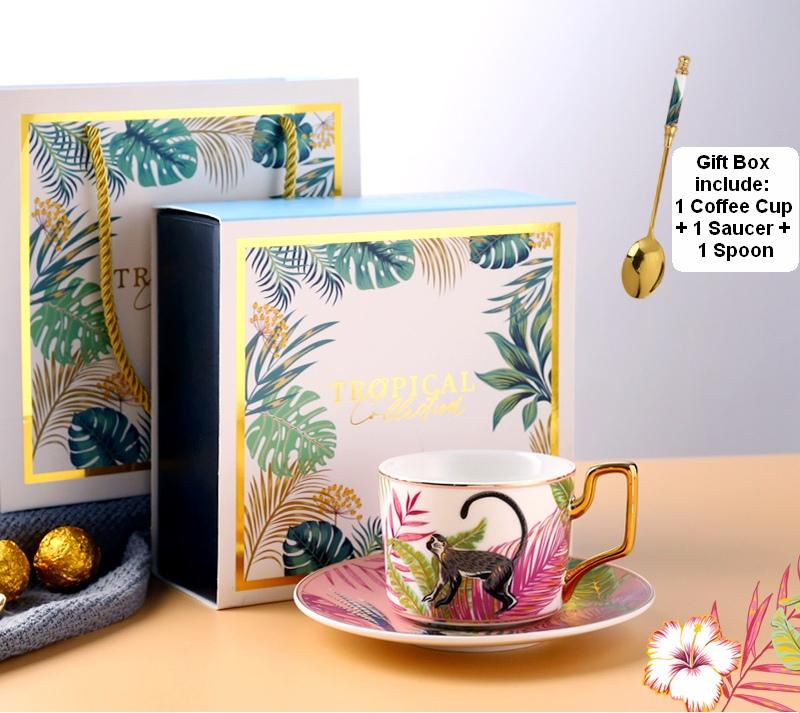 Jungle Animals Porcelain Coffee Cups, Coffee Cups with Gold Trim and Gift Box, Tea Cups and Saucers