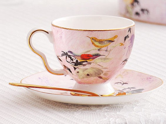 Elegant Pink Ceramic Coffee Cups, Unique Bird Flower Tea Cups and Saucers in Gift Box as Birthday Gift, Beautiful British Tea Cups, Royal Bone China Porcelain Tea Cup Set