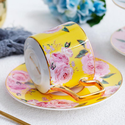 Porcelain Coffee Cups, British Tea Cups, Yellow Coffee Cups with Gold Trim and Gift Box, Rose Flower Tea Cups and Saucers, Latte Coffee Cups