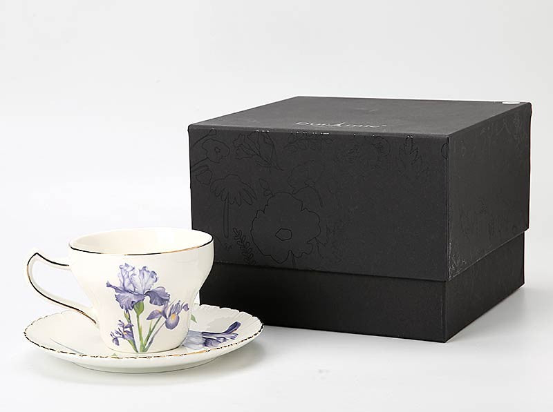 Beautiful Bone China Porcelain Tea Cup Set, Iris Flower British Tea Cups, Traditional English Tea Cups and Saucers, Unique Ceramic Coffee Cups in Gift Box