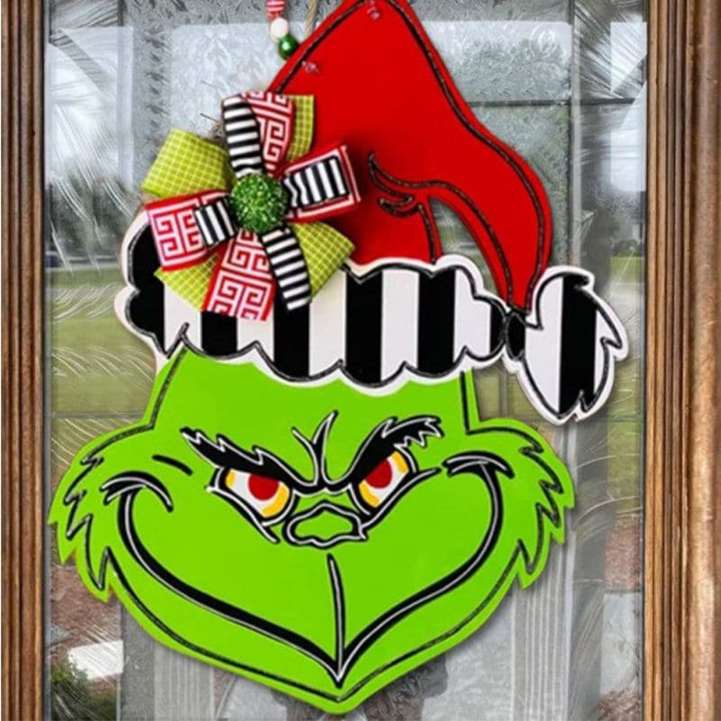 Christmas Decoration Wooden Door Sign Grinch Head Door Hanging Green Monster The Grinch Wreath ktclubs.com