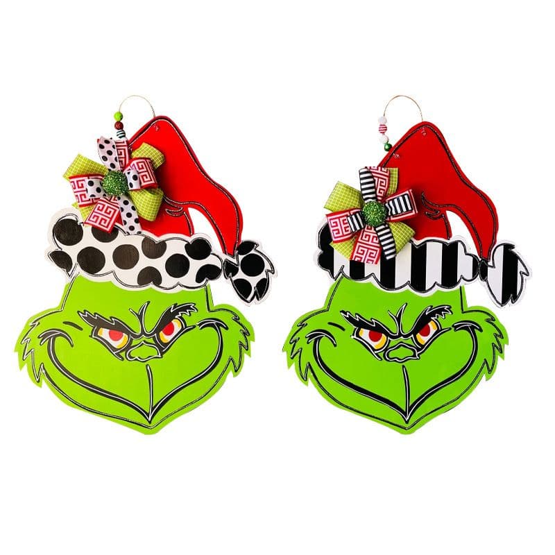 Christmas Decoration Wooden Door Sign Grinch Head Door Hanging Green Monster The Grinch Wreath ktclubs.com