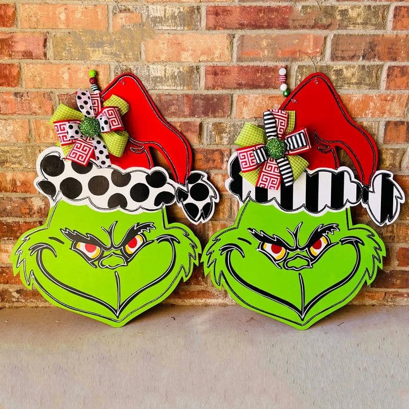 Christmas Decoration Wooden Door Sign Grinch Head Door Hanging Green Monster The Grinch Wreath ktclubs.com