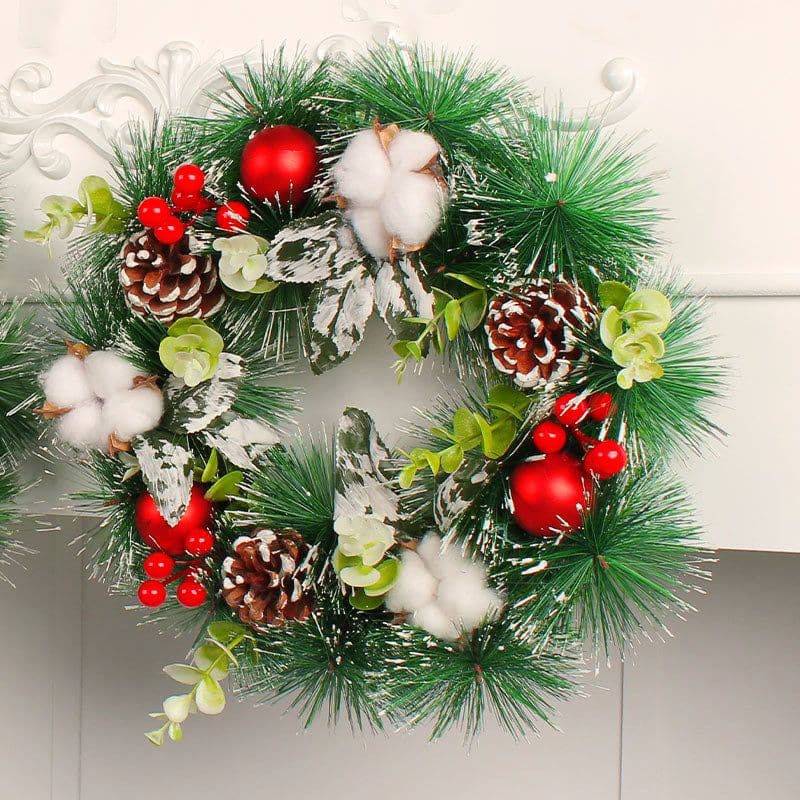 Christmas cotton pine cone wreath door wreath Christmas ball wreath window decoration props holiday cane wall hanging ktclubs.com