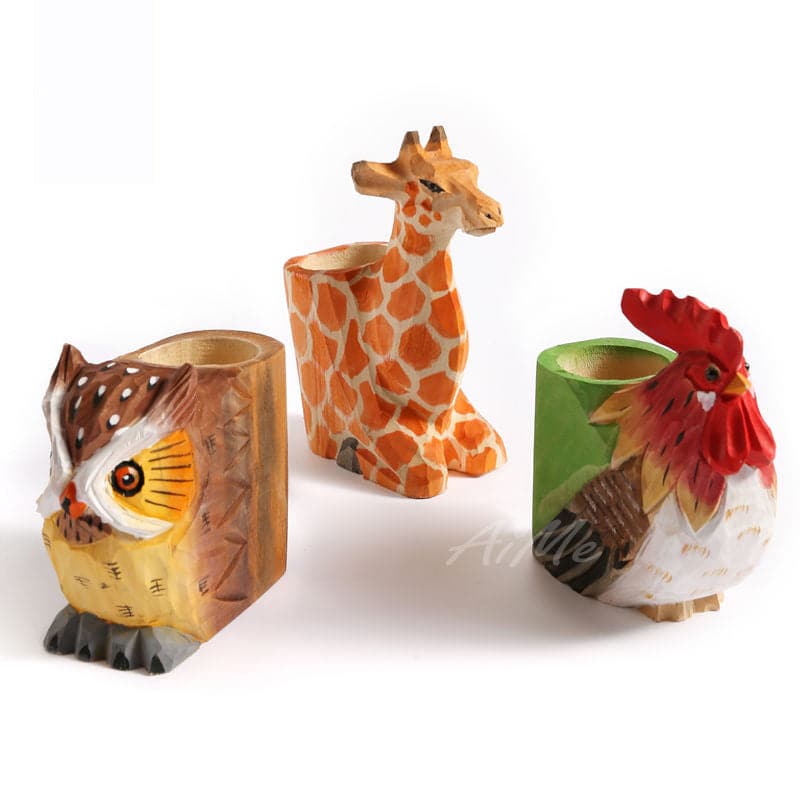 Creative wood carving animal flamingo pen holder art pure wood pen holder ornament handicraft ktclubs.com