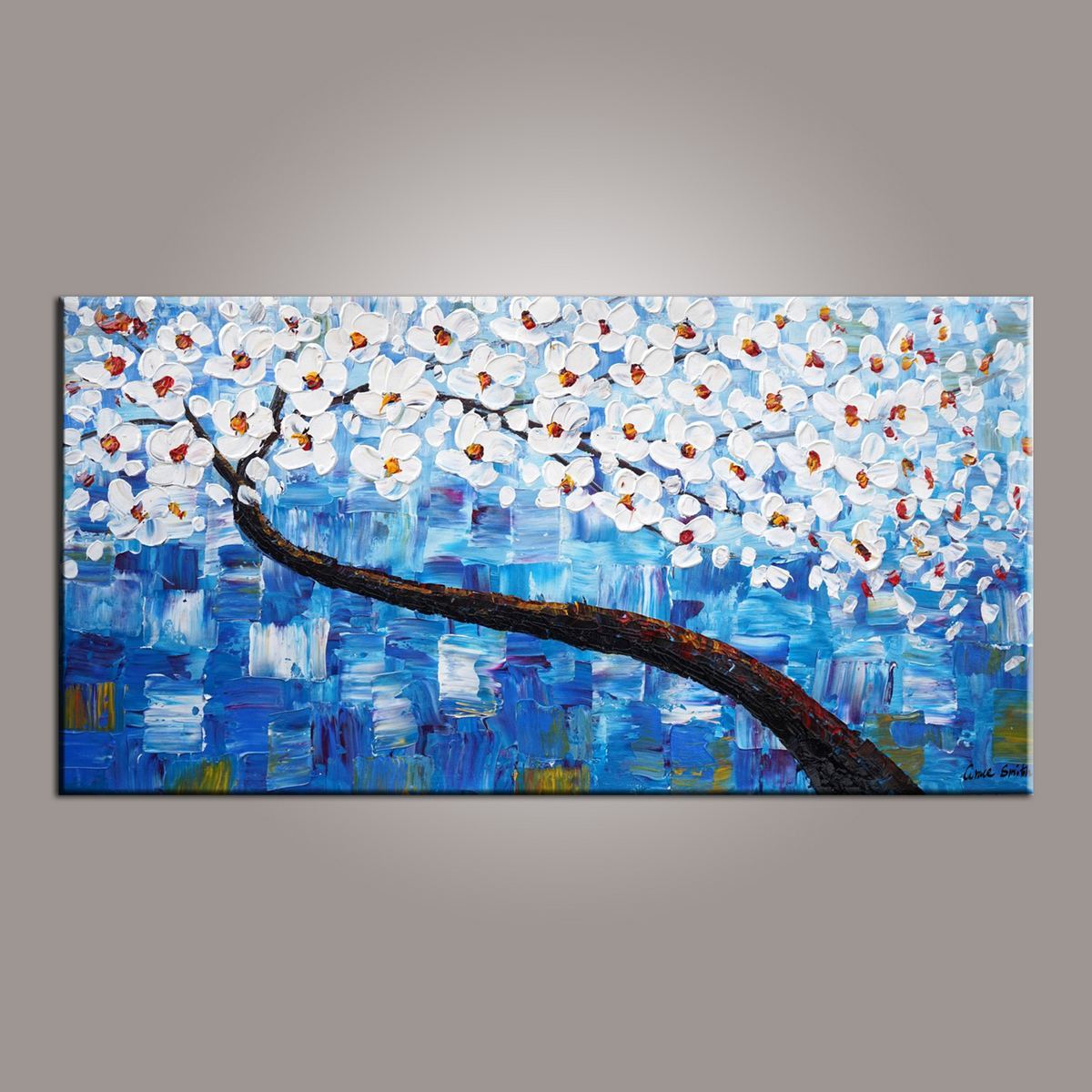 Canvas Art, Blue Flower Tree Painting, Abstract Painting, Painting on Sale, Dining Room Wall Art, Art on Canvas, Modern Art, Contemporary Art