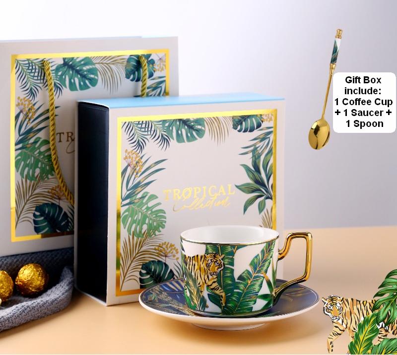 Coffee Cups with Gold Trim and Gift Box, Jungle Leopard Pattern Porcelain Coffee Cups, Tea Cups and Saucers
