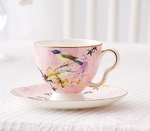 Elegant Pink Ceramic Coffee Cups, Unique Bird Flower Tea Cups and Saucers in Gift Box as Birthday Gift, Beautiful British Tea Cups, Royal Bone China Porcelain Tea Cup Set