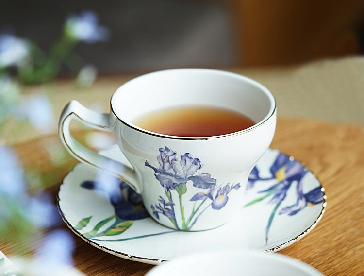 Beautiful Bone China Porcelain Tea Cup Set, Iris Flower British Tea Cups, Traditional English Tea Cups and Saucers, Unique Ceramic Coffee Cups in Gift Box