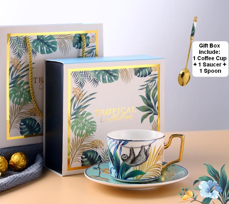 Coffee Cups with Gold Trim and Gift Box, Jungle Leopard Pattern Porcelain Coffee Cups, Tea Cups and Saucers