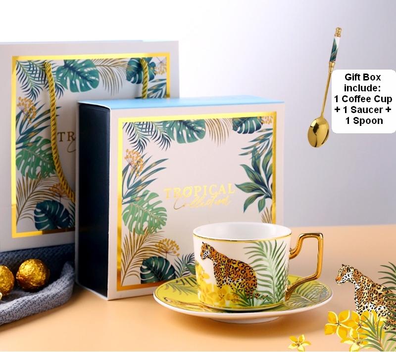 Coffee Cups with Gold Trim and Gift Box, Jungle Leopard Pattern Porcelain Coffee Cups, Tea Cups and Saucers