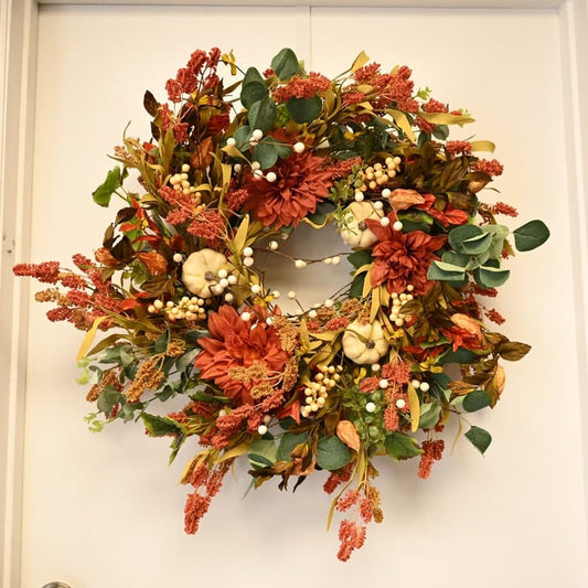 Fall Door Wreath Artificial Wreath with Pumpkin Maple Leaves Dahlia Grapevine Twig Wreath for Fall Front Door 24" Wide ktclubs.com