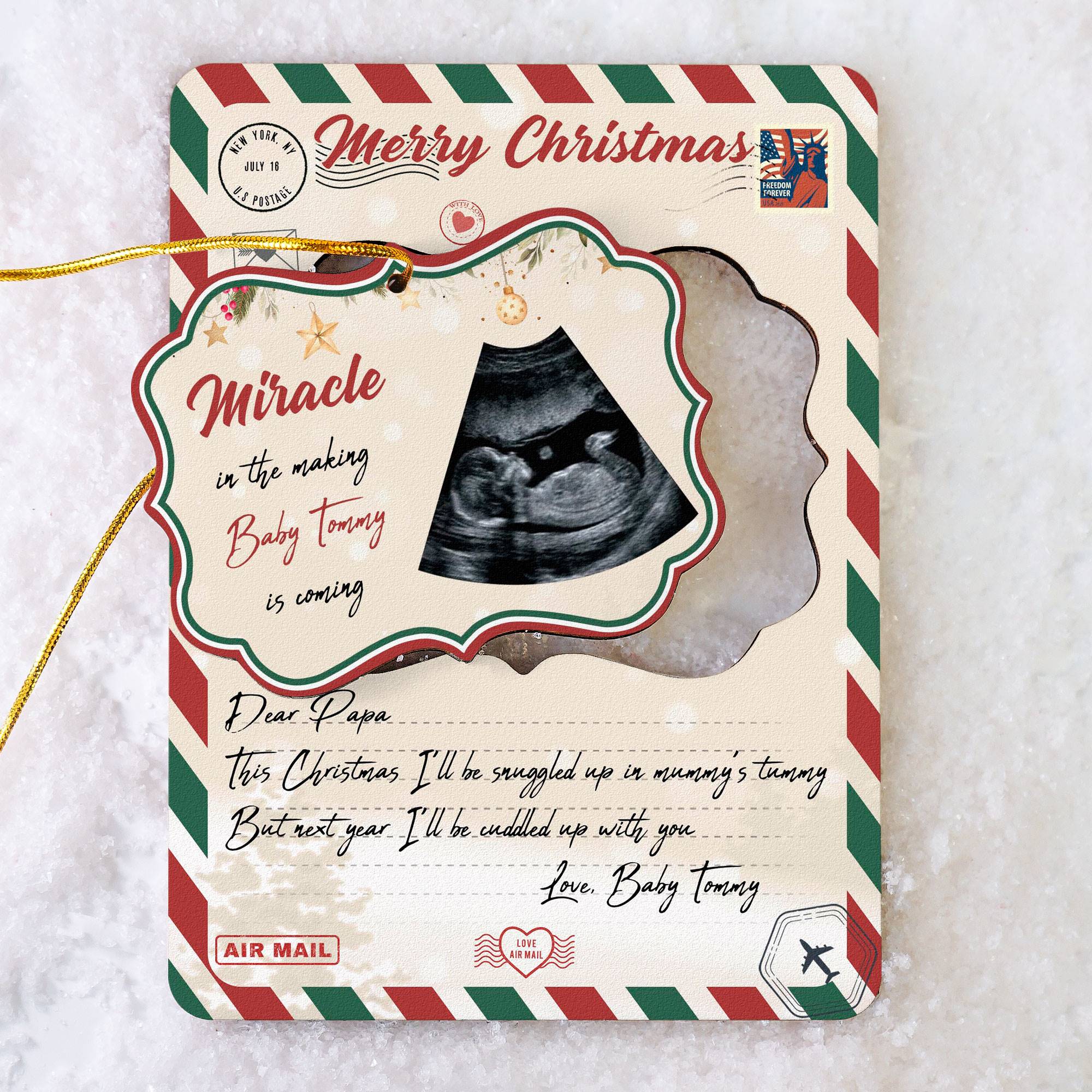 Miracle In The Making Baby Is Coming - Personalized Wooden Card With Pop Out Ornament - Christmas, Pregnancy Announcement Gift For Family Members, Father-To-Be, Grandfather & Grandmother