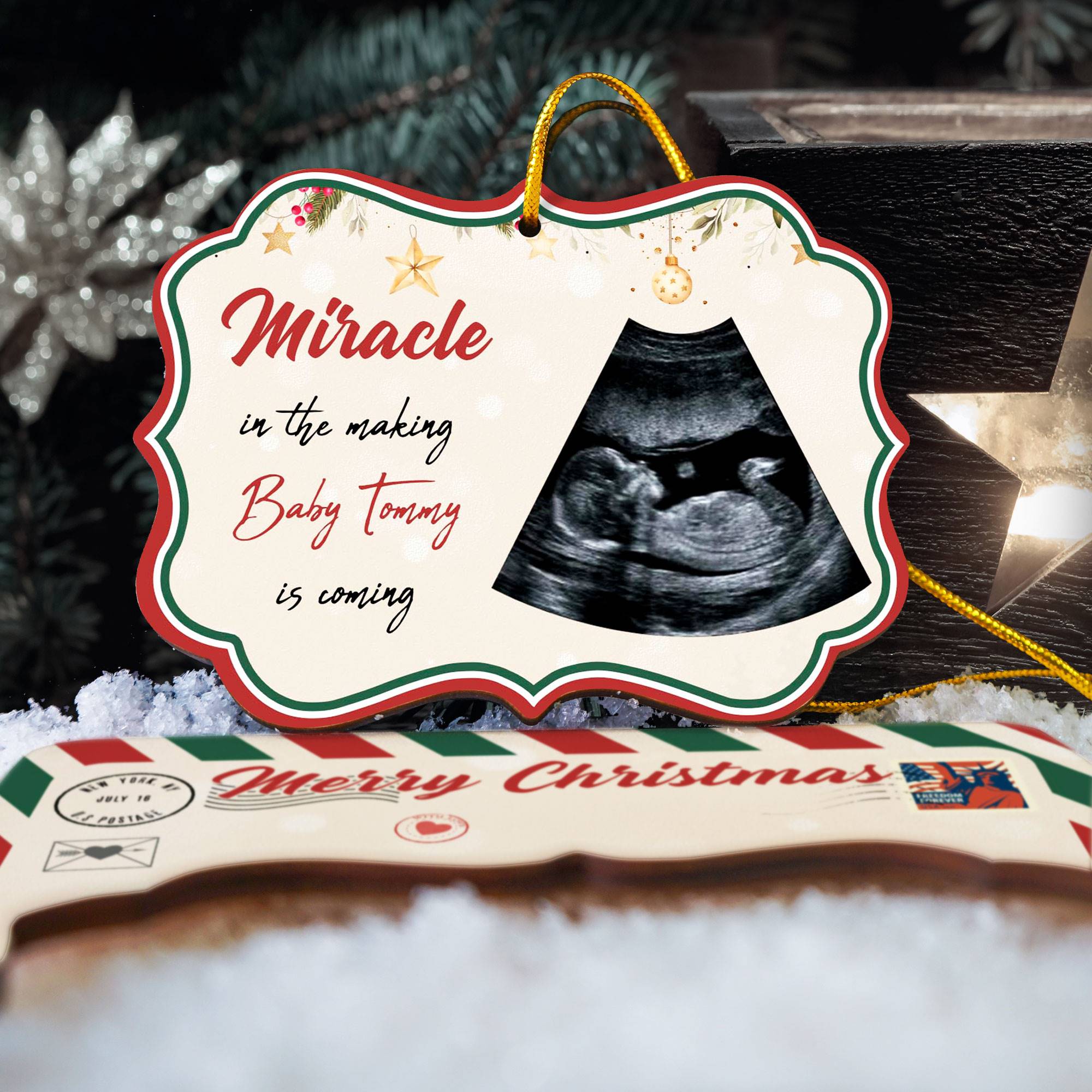 Miracle In The Making Baby Is Coming - Personalized Wooden Card With Pop Out Ornament - Christmas, Pregnancy Announcement Gift For Family Members, Father-To-Be, Grandfather & Grandmother