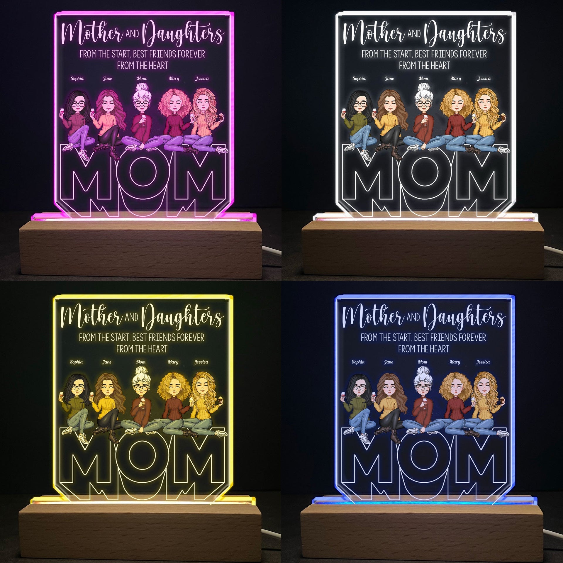 Mother And Children Best Friends Forever - Personalized Personalized 3D Led Light Wooden Base - Birthday Gift For Mom, Children, Sons, Daughters