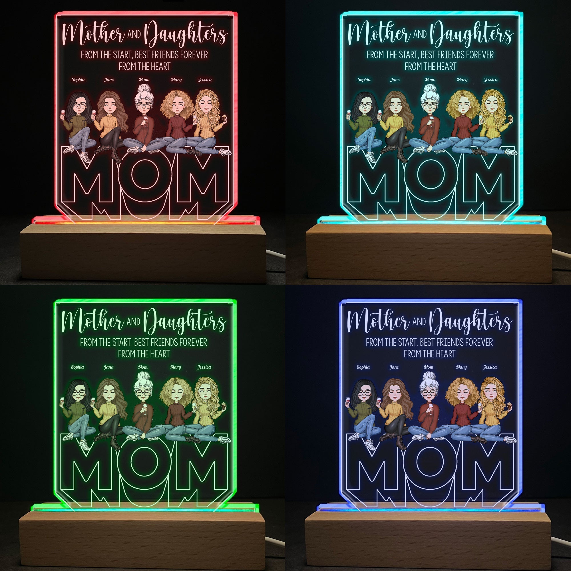 Mother And Children Best Friends Forever - Personalized Personalized 3D Led Light Wooden Base - Birthday Gift For Mom, Children, Sons, Daughters