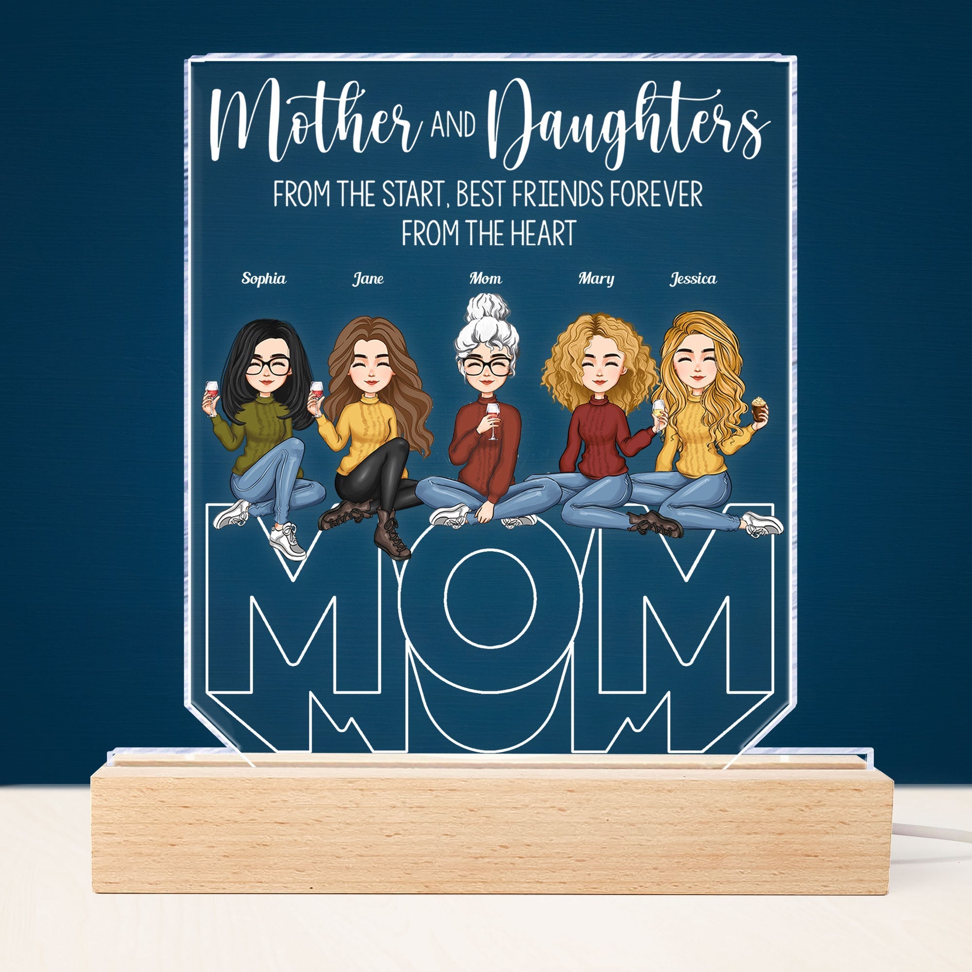 Mother And Children Best Friends Forever - Personalized Personalized 3D Led Light Wooden Base - Birthday Gift For Mom, Children, Sons, Daughters