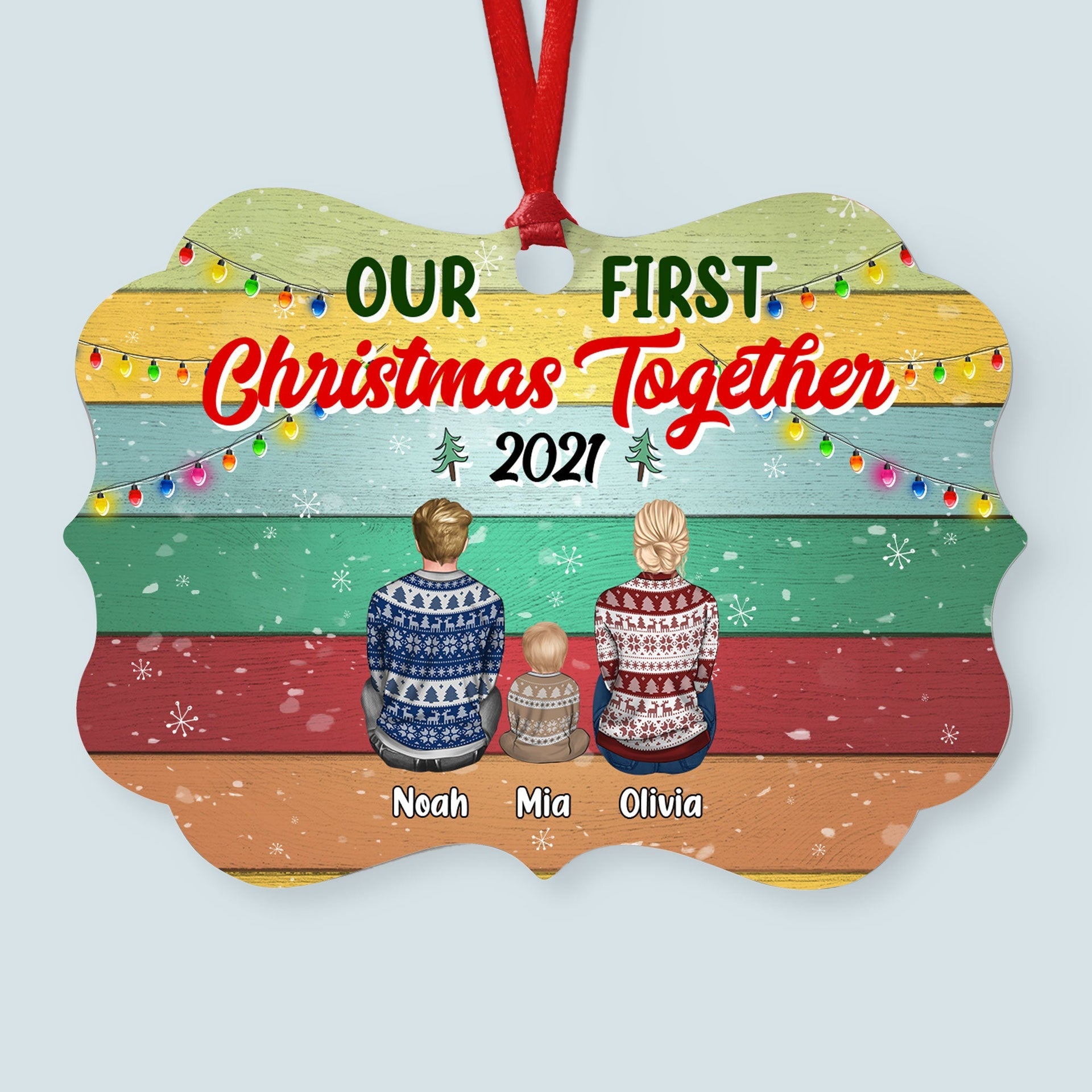 Our First Christmas Together - Personalized Aluminum Ornament - Christmas Gift For Parents With Newborn Baby - Ugly Christmas Sweater Sitting