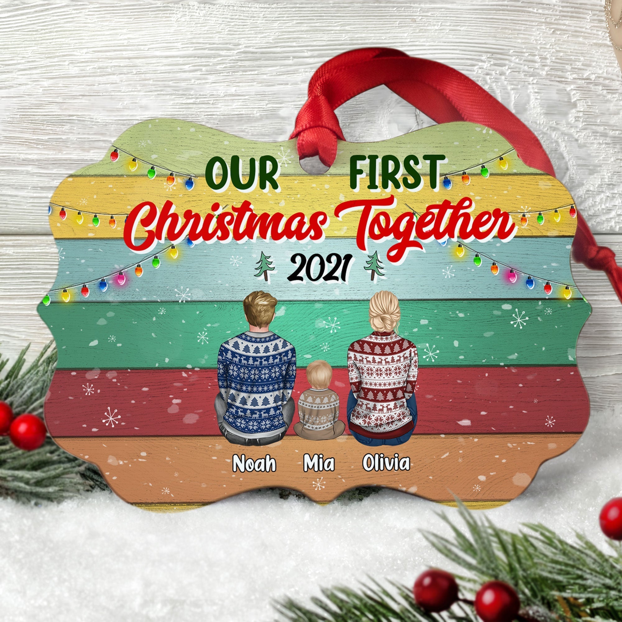 Our First Christmas Together - Personalized Aluminum Ornament - Christmas Gift For Parents With Newborn Baby - Ugly Christmas Sweater Sitting